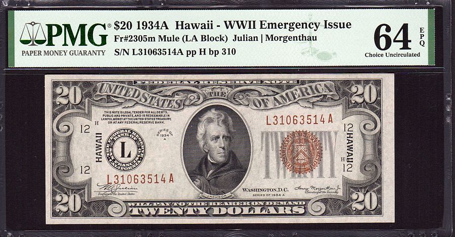 Fr.2305m, 1934A Hawaii $20 FRN (Mule), PMG-64 EPQ